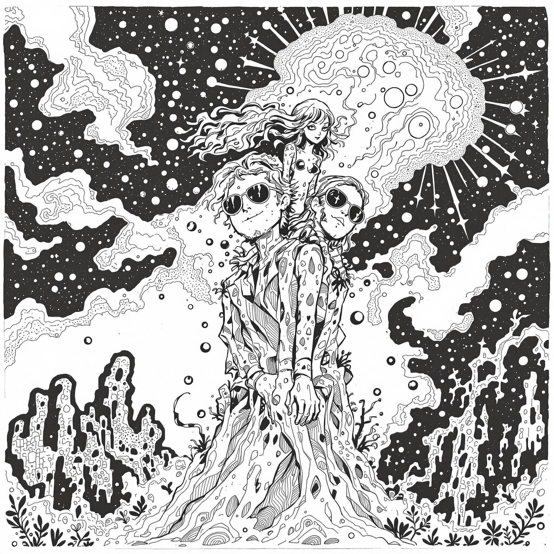 AI generated: A hippie and his girlfriend pen and ink sketch from, the 60's of the two of them rising up from the ...