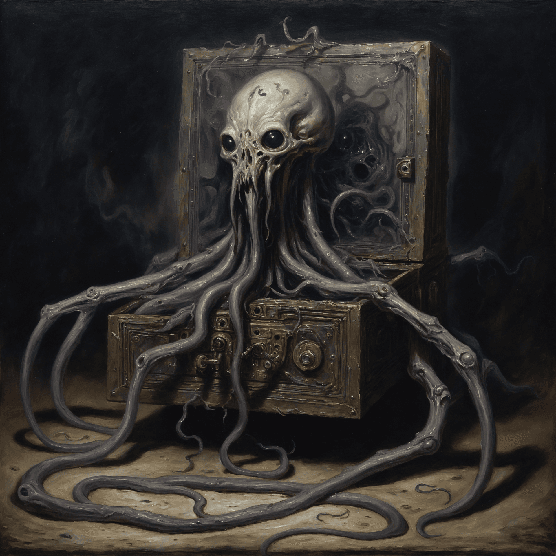 AI generated: Horror-themed oil painting depicting an ancient eldritch device that rips reality apart to let unspe...