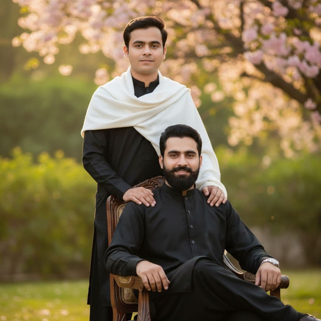 AI generated: A professional outdoor portrait of two stylish young South Asian men. One man is seated gracefully i...
