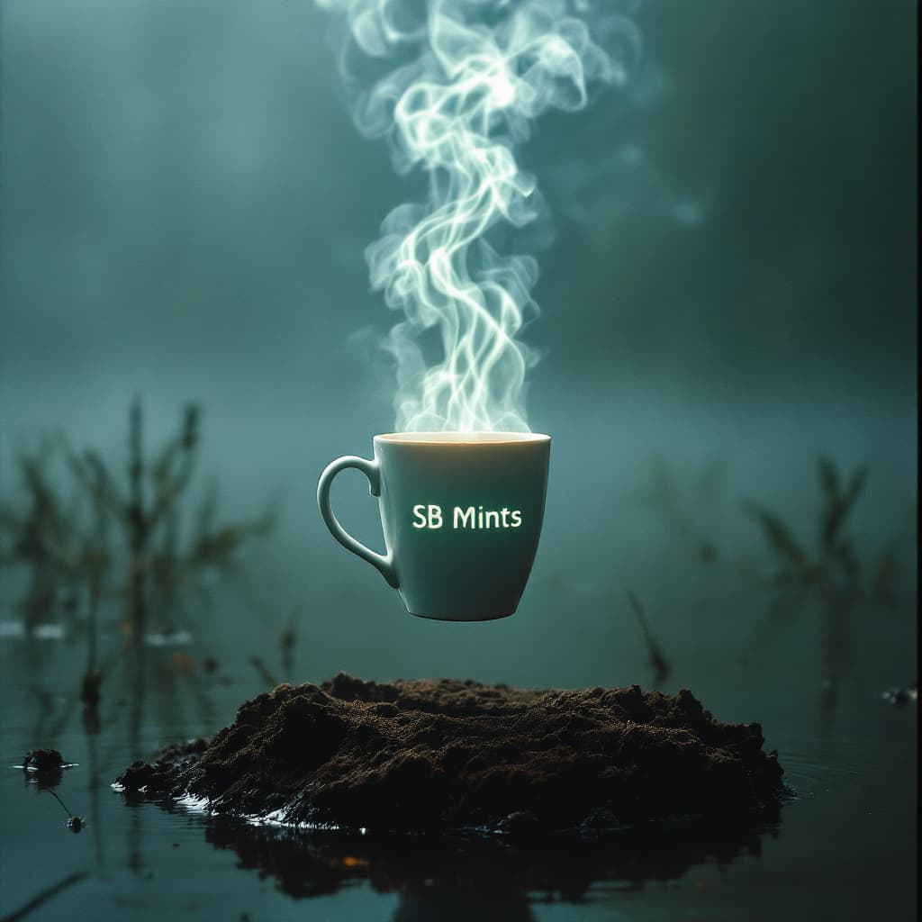 AI generated: A coffee cup hovers unnaturally in midair over a dry patch surrounded by thick, swampy water. The st...