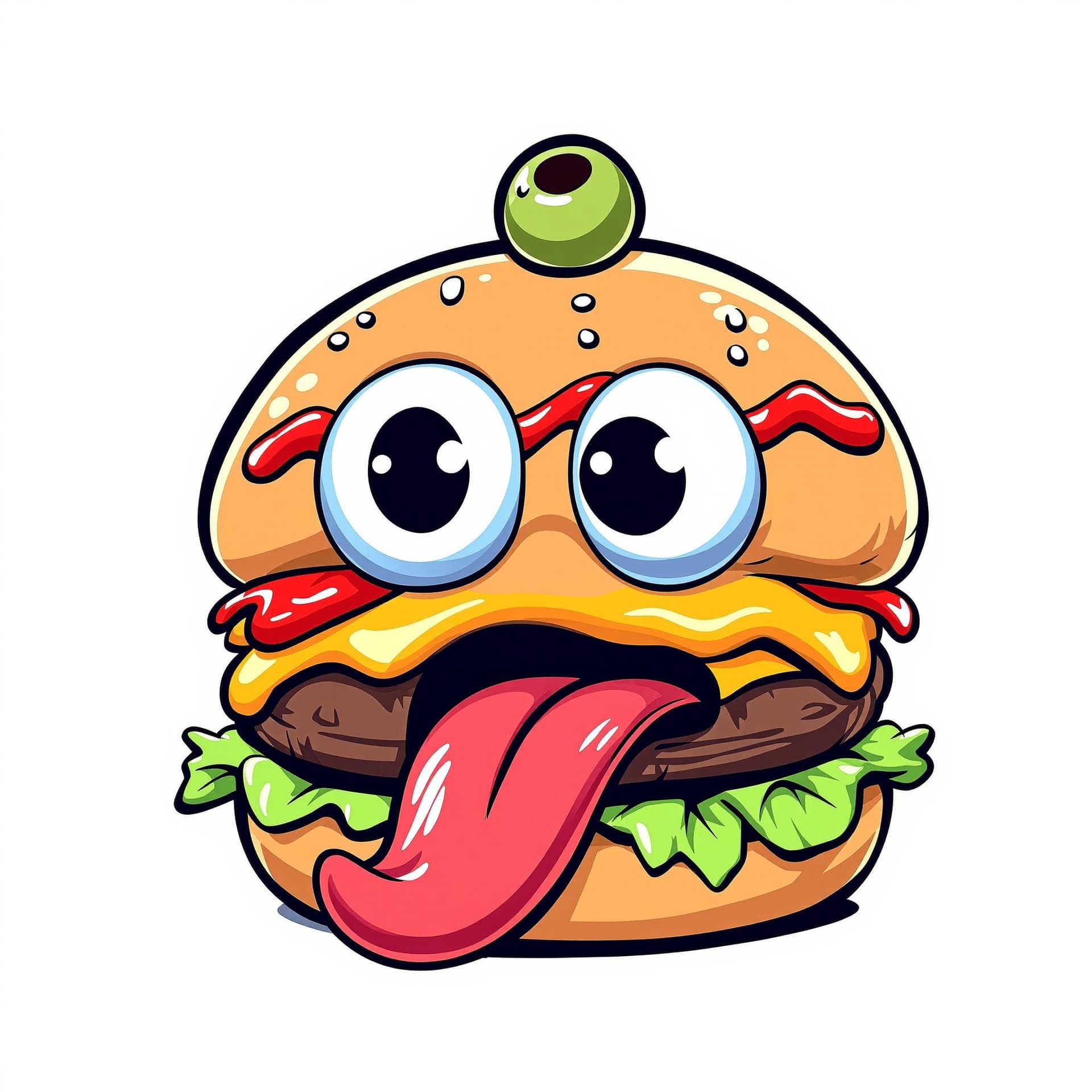 AI generated: Cartoonish hamburger with expressive features, sticking out tongue.  Large, exaggerated eyes and a s...