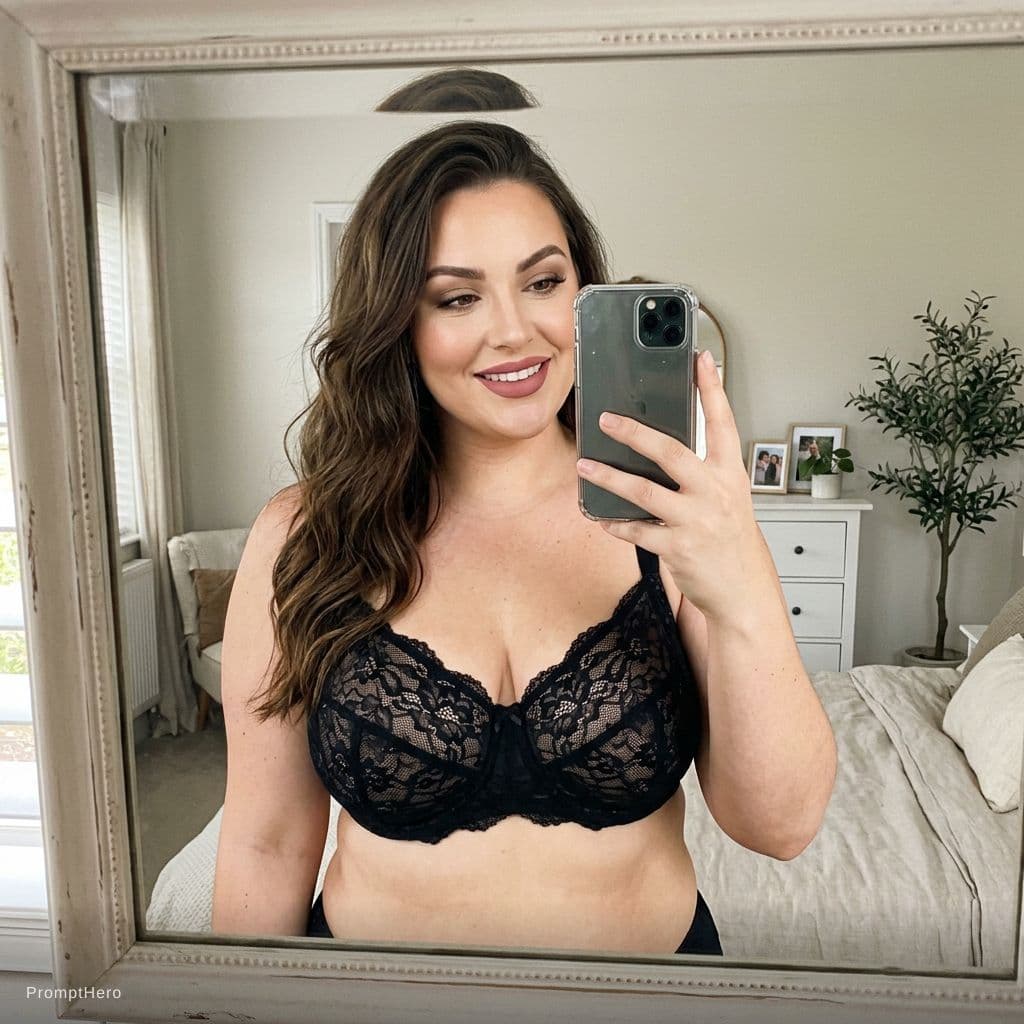AI generated: A 26 year old woman with extremely large breasts takes a mirror selfie in a lacy bra. She is beautif...