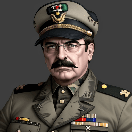 AI generated: cara de dinosaurio tiranosaurio rex con atuendo y accesorios militares, gorra militar y bigote como ...