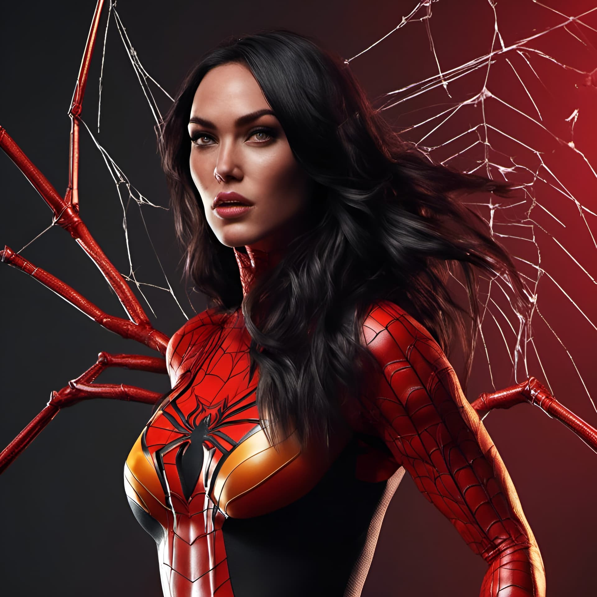 AI generated: Megan Fox as Spider-Woman, color, full body, 6 feet tall, intricate, highly detailed, photorealistic...