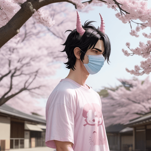 AI generated: Create from a profile view a character of a young man with messy black hair, wearing a pink oni mask...