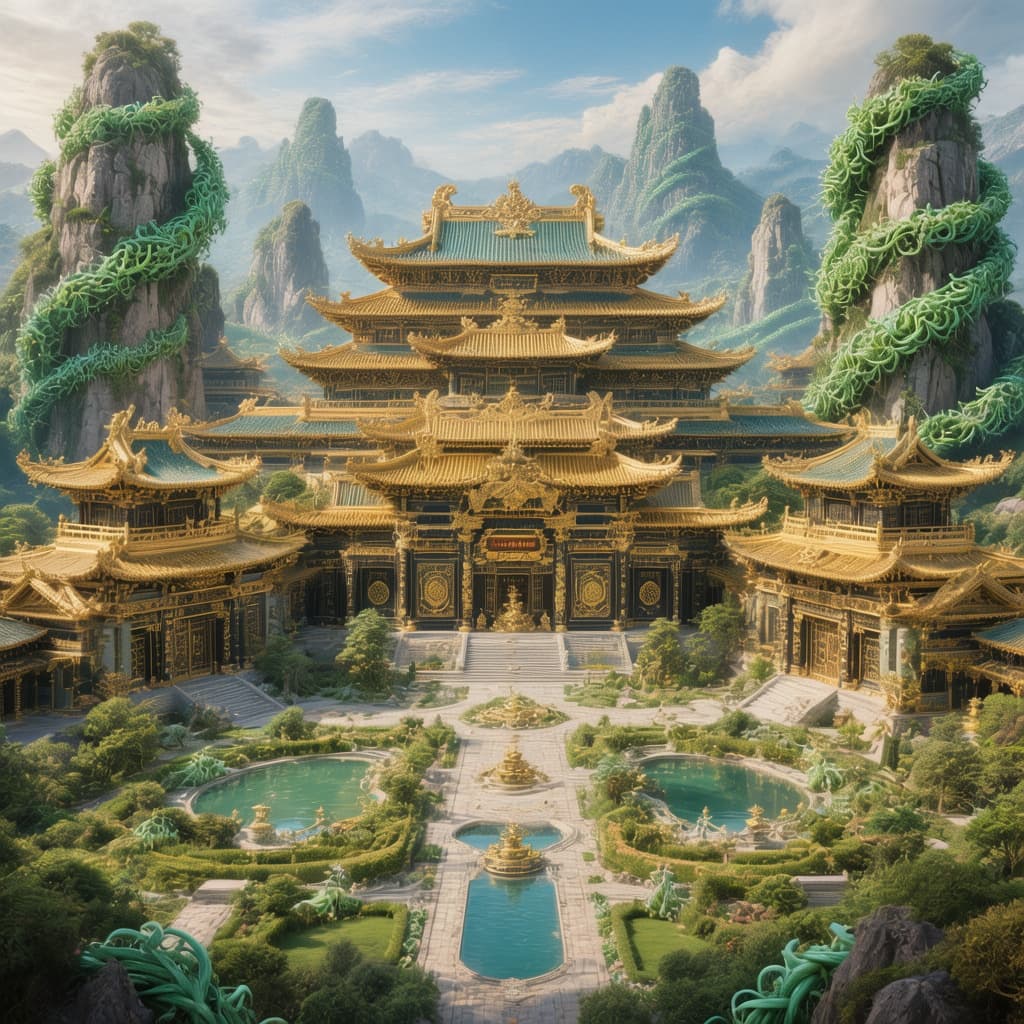 AI generated: Create a massive Chinese style Palace colored Gold and Black with hints of Teal with seven main cour...