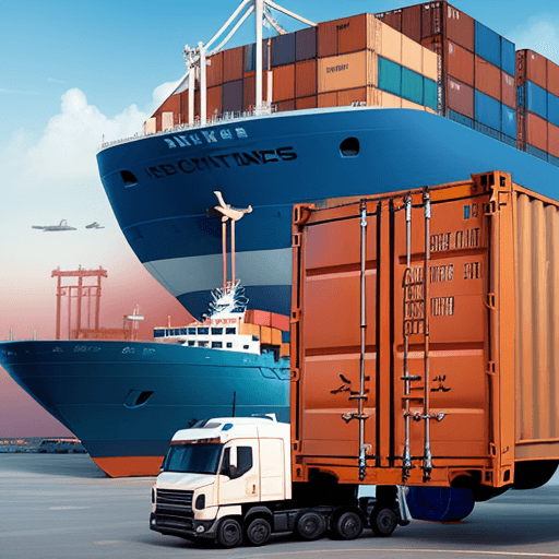 AI generated: a animated person with ships containers flights and trucks who is clearing goods at customs