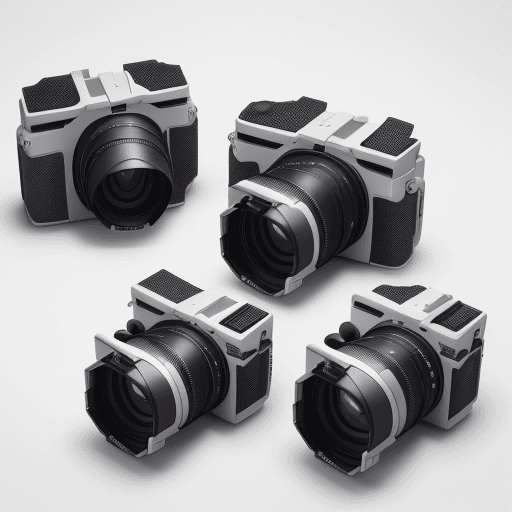 AI generated: 3 matte gray pocket cameras, arranged in a grid on a glossy white surface, front view, hyper realist...