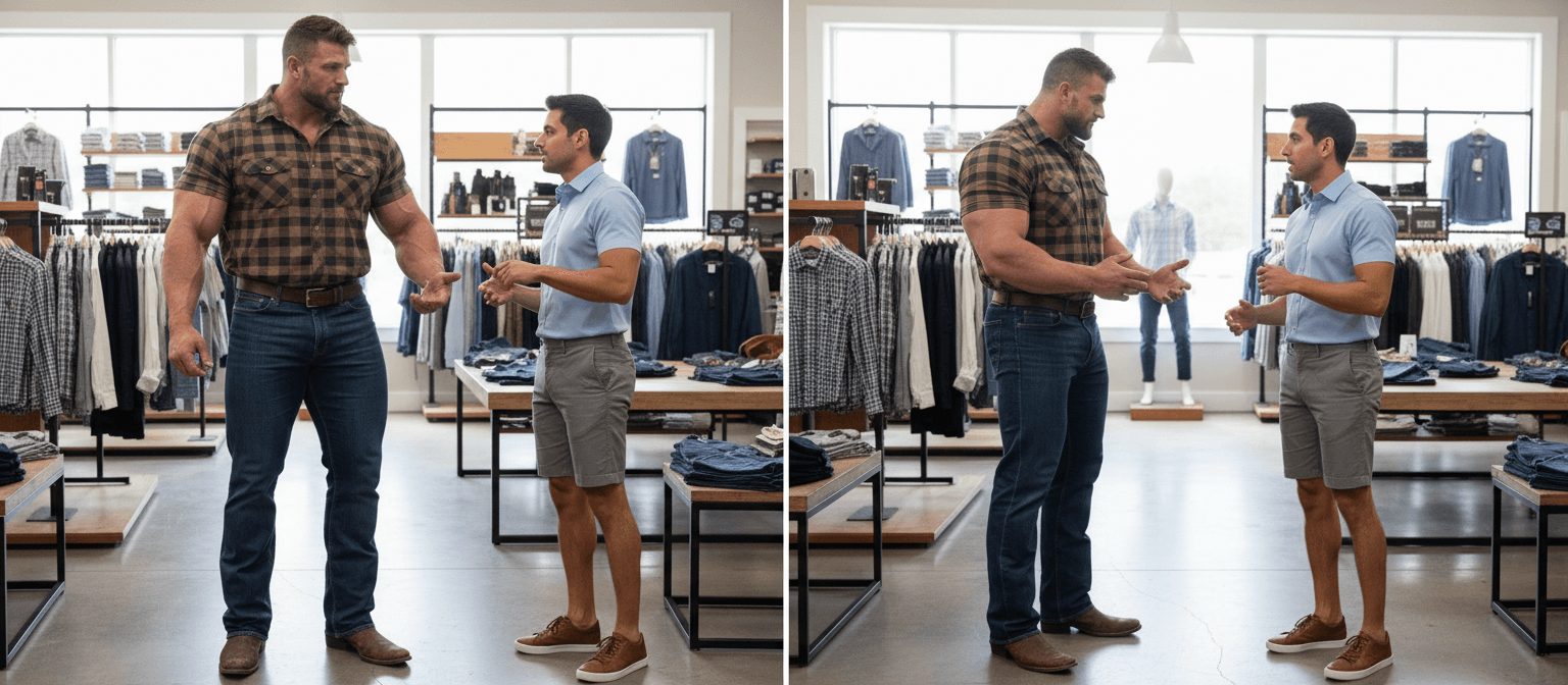 AI generated: the bodybuilder is 6'4" tall, he has huge muscular shoulders and extra huge muscular legs. He is wea...