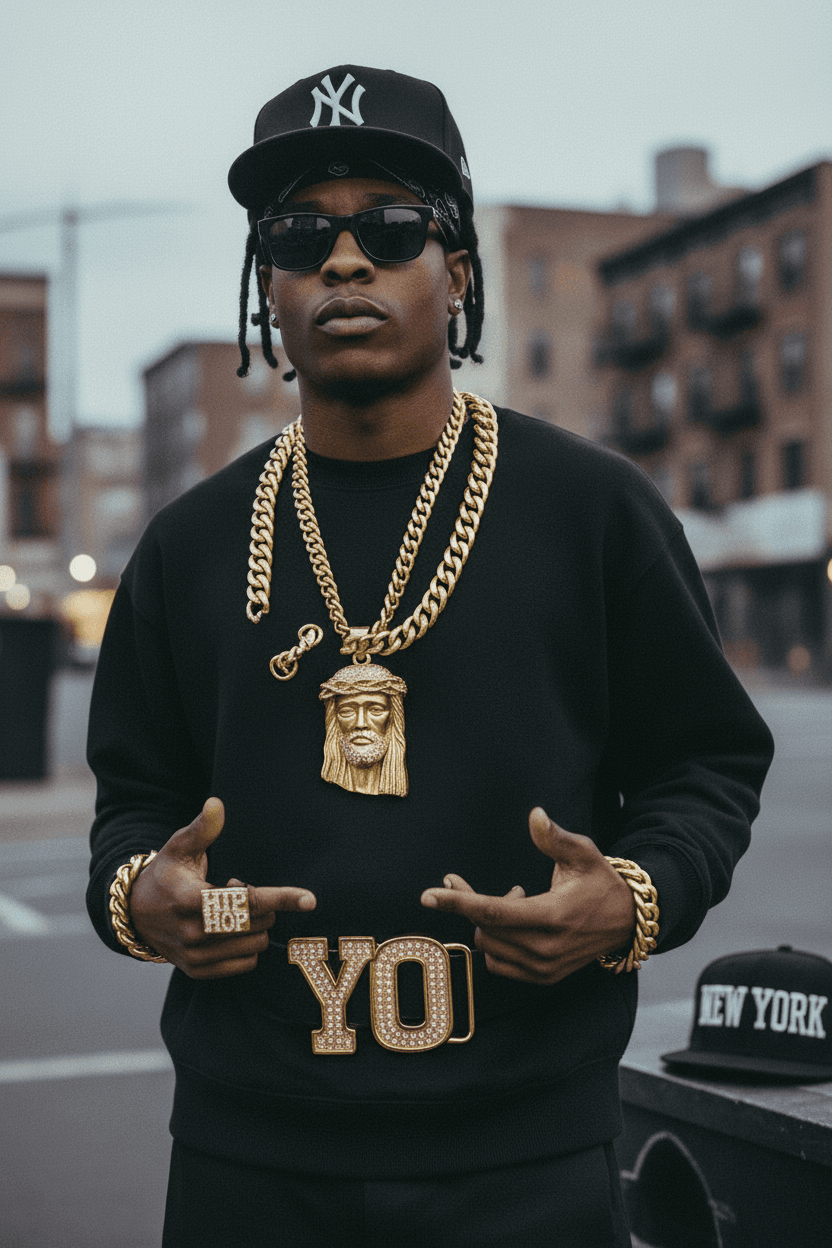 AI generated: A young male model wearing a black sweatshirt and a black New York Yankees cap is fully styled with ...