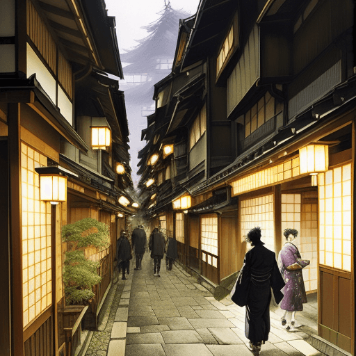AI generated: kyoto, walking tour japan, in the style of hinchel, villagecore, manga-influenced, spiritual resonan...