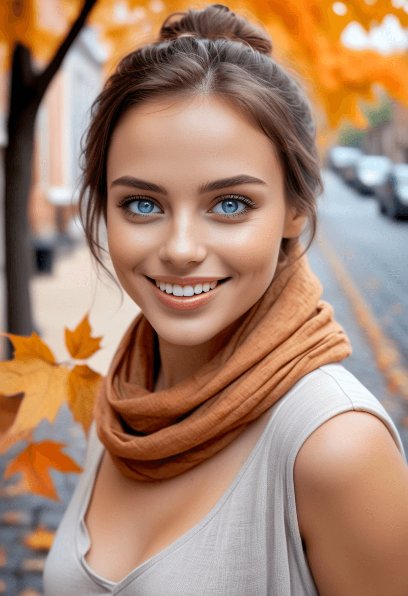 AI generated: A photograph captures a moment of joy and serenity. A woman stands from the side view, her bronze ha...
