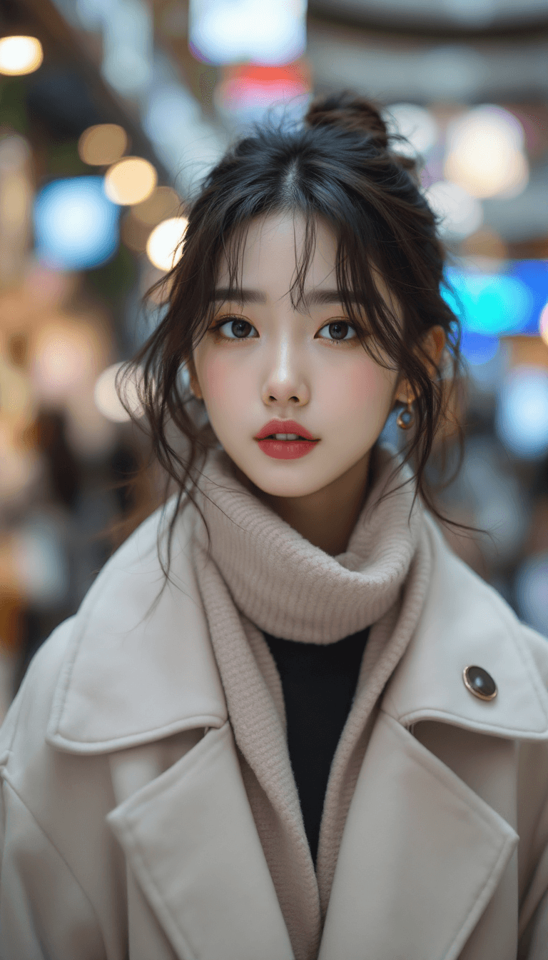 AI generated: Close up of a Korean fashion actress in a shopping mall, low key, time tested, trending fashion on a...