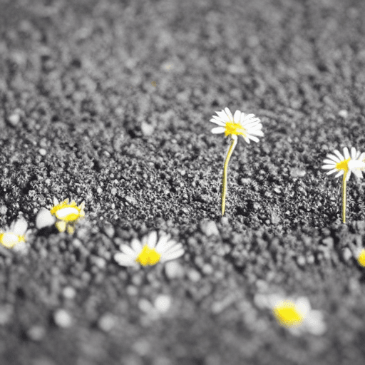 AI generated: close-up photo of a tiny daisy breaking through concrete on a crowded street