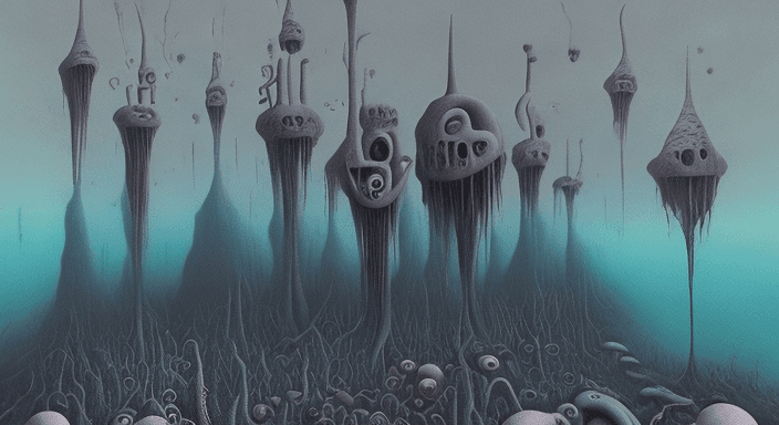 AI generated: Capturing the Essence of Horror AU sec || surreal horror :: in the styles of Yves Tanguy and Zdzisła...