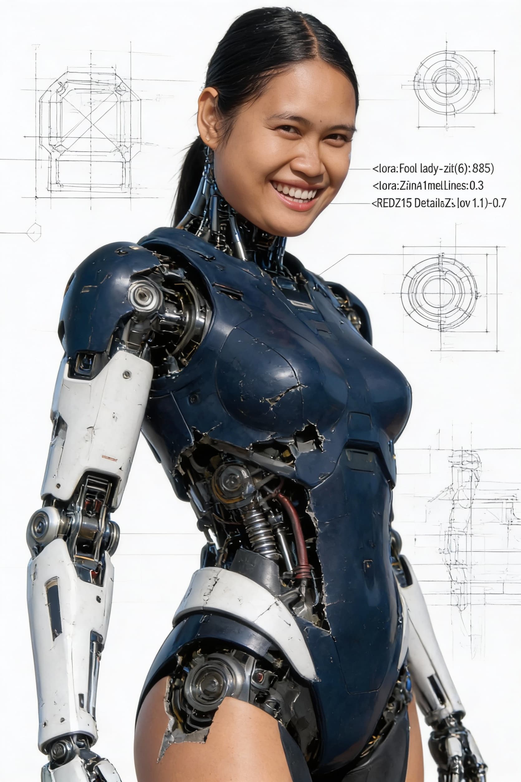 AI generated: Ultra-detailed cinematic portrait of a Hong Kong female cyborg , navy and white metallic limbs parti...