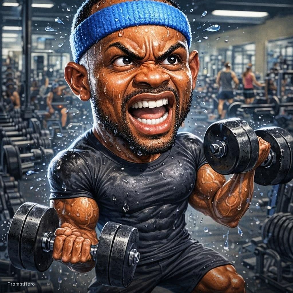 AI generated: funny caricature, ultra-fit enthusiast caricature, adult african-american male, 28 years old, extrem...