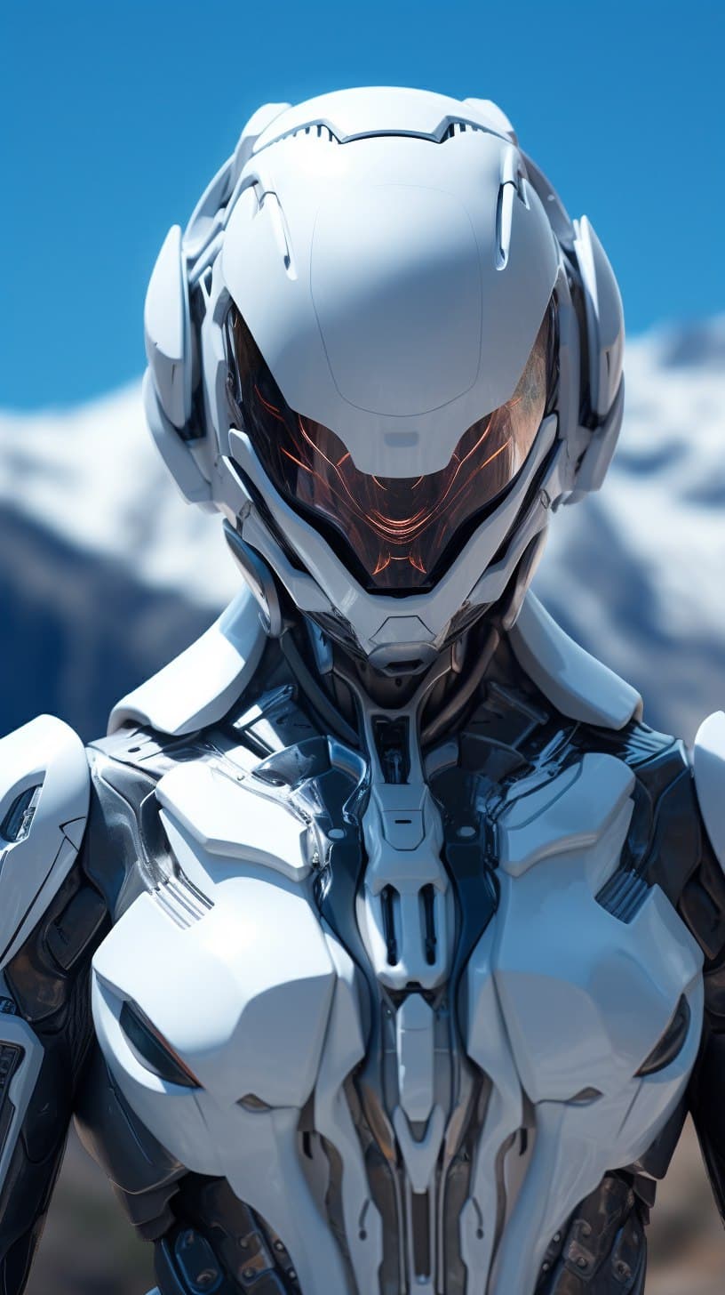 AI generated: white sci-fi female armor with cybernetic helmet, full armor, insulated armor, spacesuit, bald head,...
