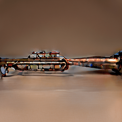 AI generated: a refined rifle, without small trigger, without scope, with the barrel that ends in copper mouthpiec...