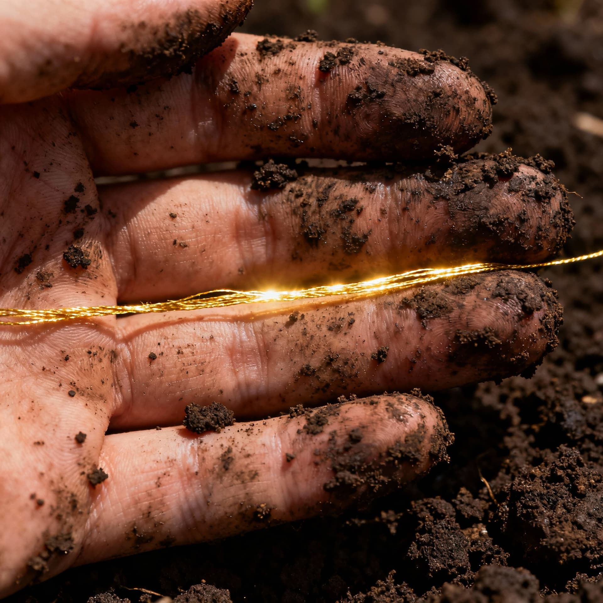 AI generated: A close-up on a human hand, caked in dark, rich soil. From between the fingers, a single, impossibly...