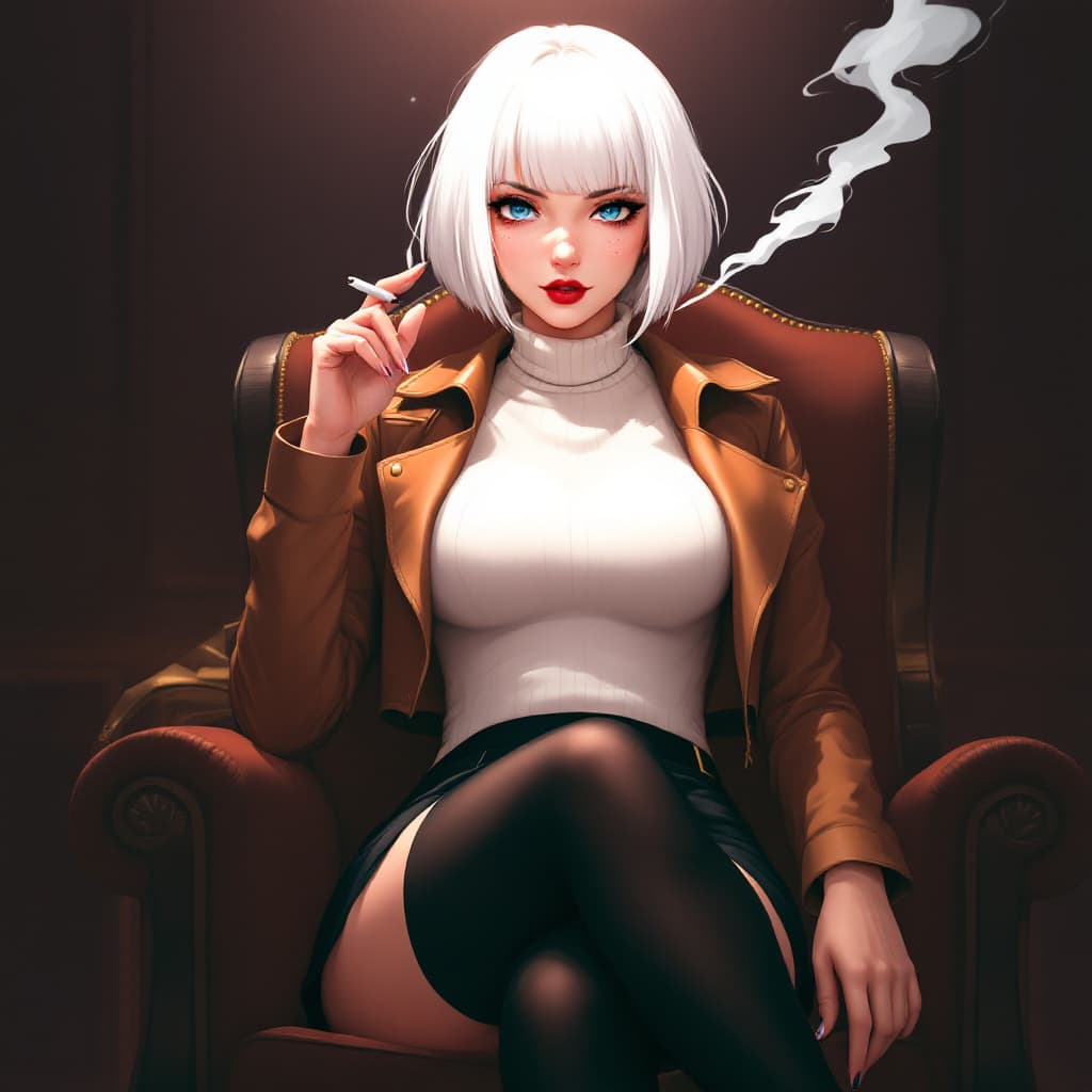 AI generated: anime, woman, white hair, bob cut, blue eyes, freckles, red lips, closed lips, white sweater, tight ...