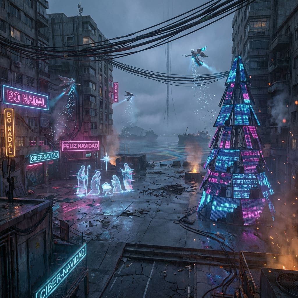 AI generated: Hyperrealistic wide-angle cinematic photograph of Vigo, Spain, reimagined as a dystopian cyberpunk m...