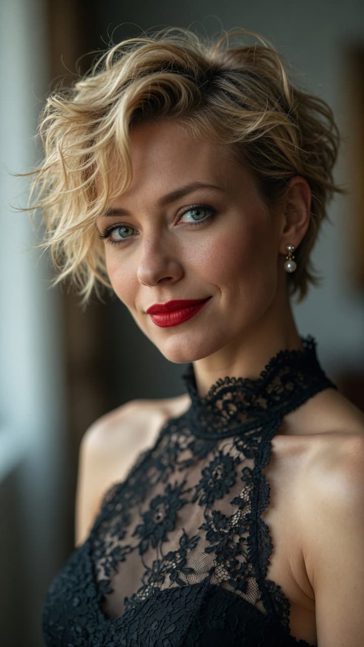 AI generated: Ultra-realistic fashion portrait of a beautiful woman with short, tousled blonde wavy hair, striking...
