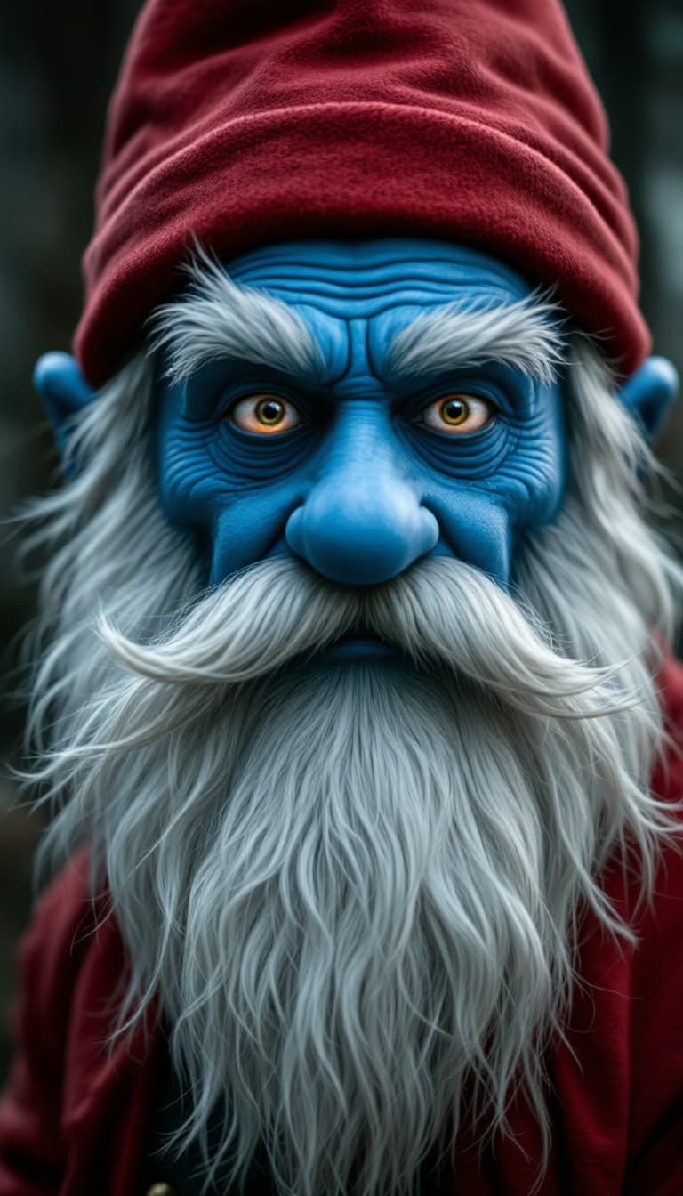 AI generated: "(Papa Smurf from the Smurfs, wise charismatic old man, long white beard, thick white eyebrows, red ...