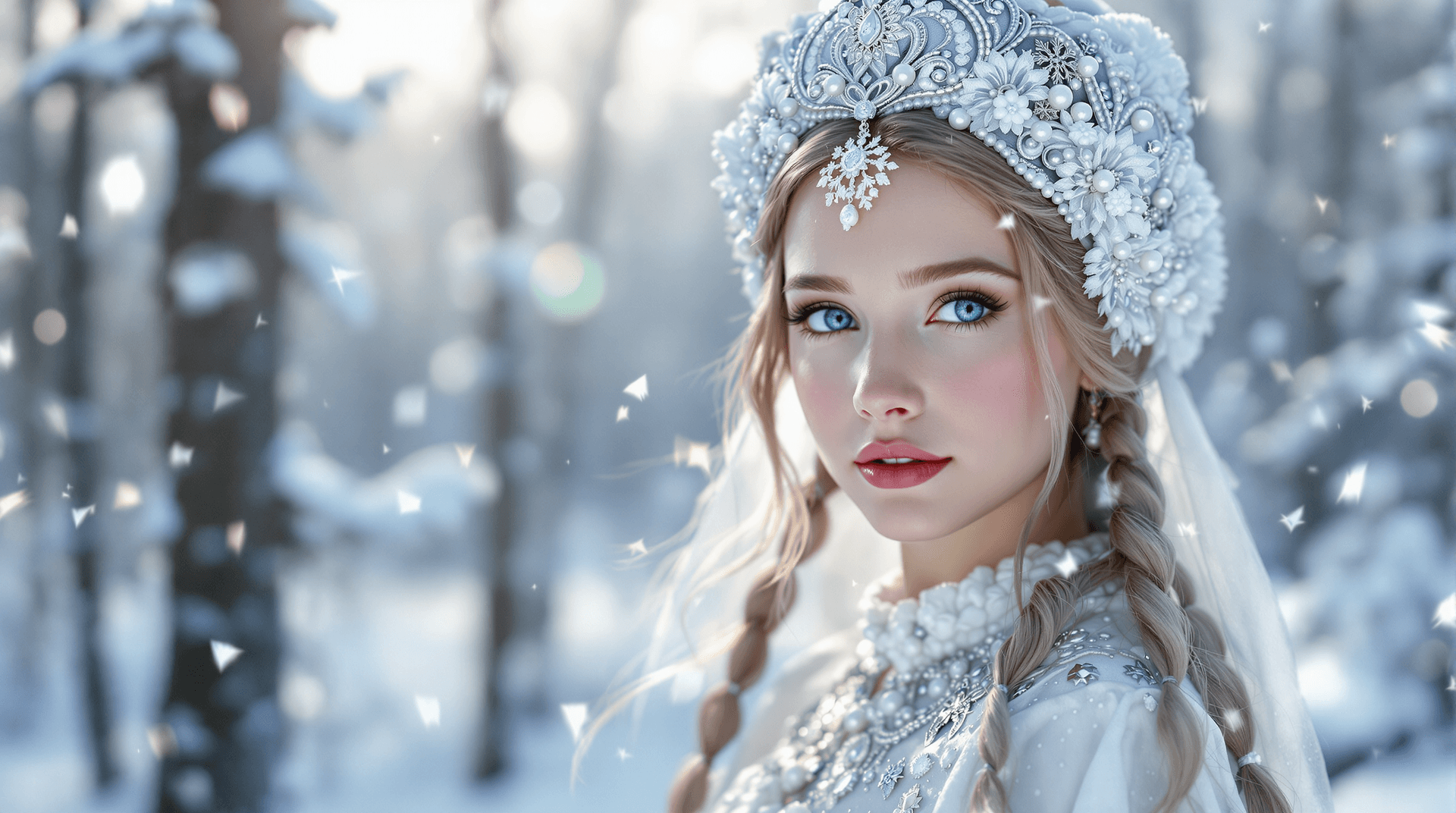AI generated: A girl in the image of the Snow Maiden, in a kokoshnik embroidered with pearls and silver, with blue...