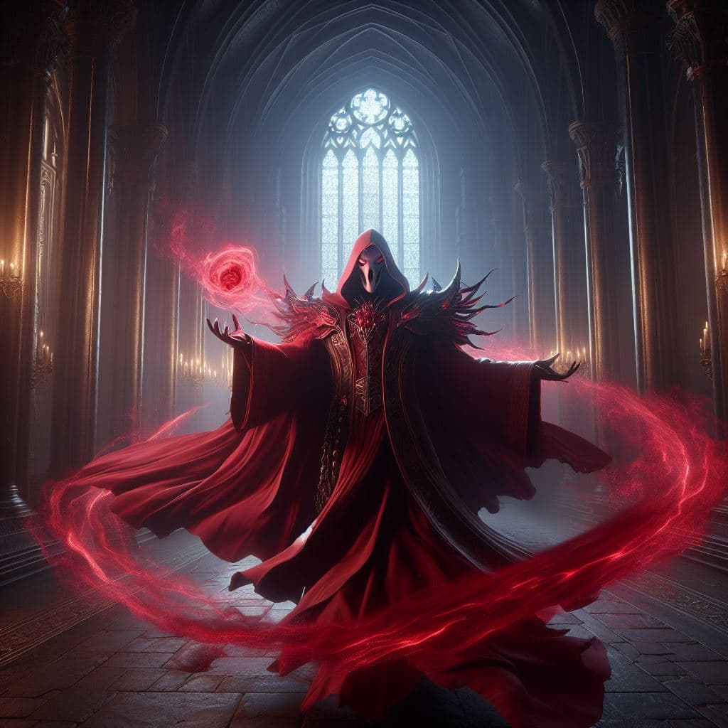 AI generated: In a dark, gothic cathedral, Vladimir, the elegant and sinister Crimson Reaper, floats, his crimson ...