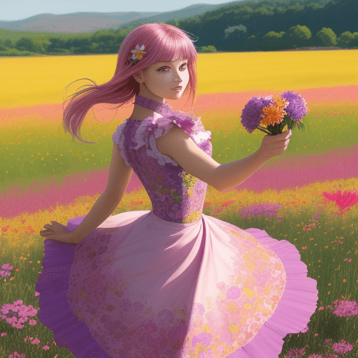 AI generated: A picture of a beautiful girl holding a vibrant flower, high details, elegant appearance, dancing on...