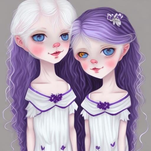AI generated: Girls albino twins, white wavy hair, pale skin, purple eyes, gray eyebrows and soft smiles. Black dr...