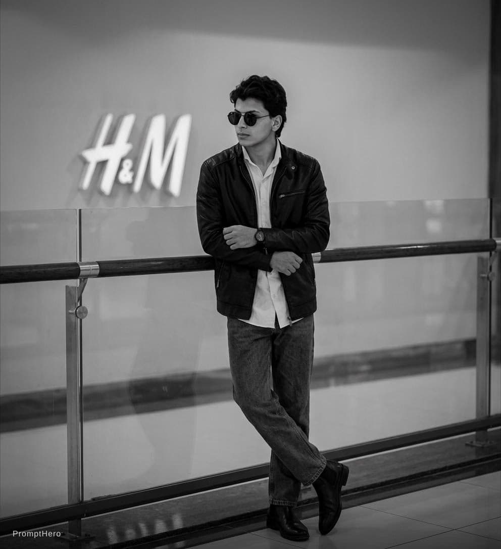 AI generated: Edit this photo realistically. Change the background to a cinematic black and white background with ...