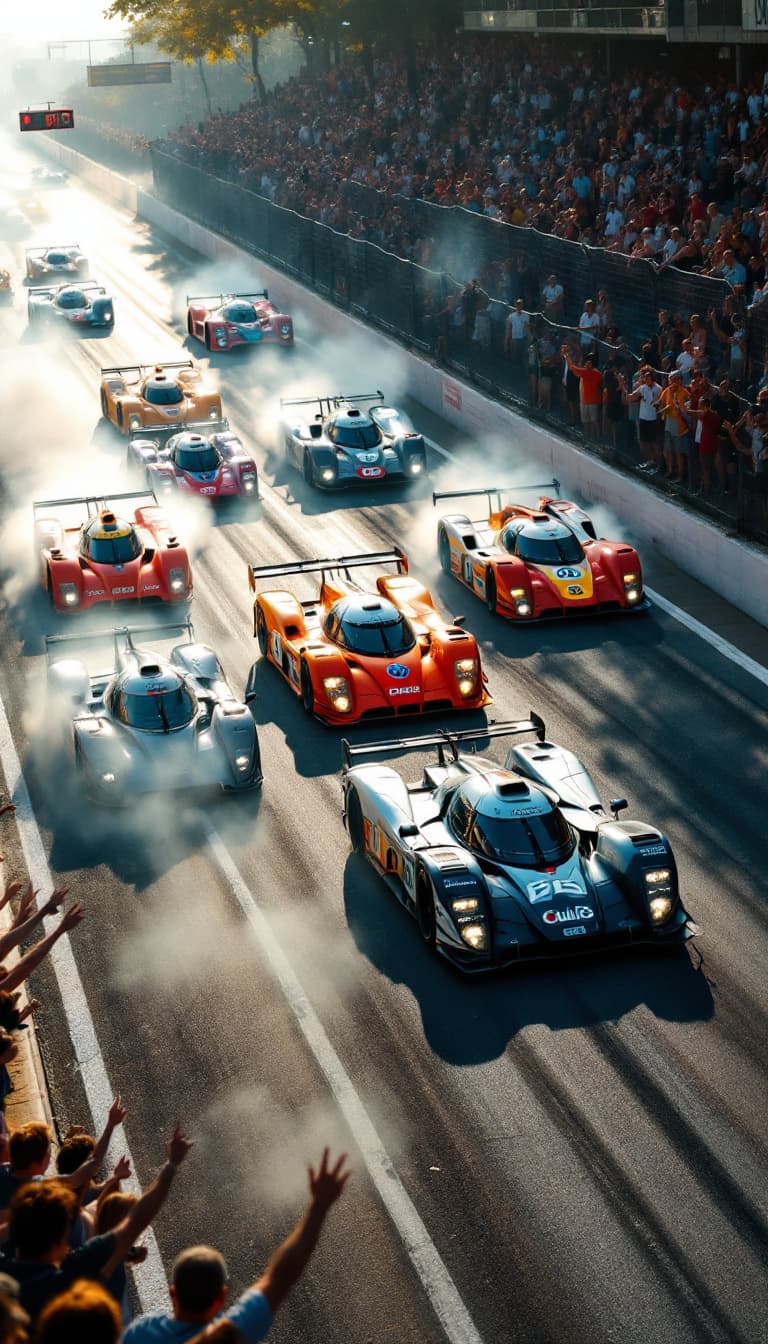 AI generated: Summer. 6 (six) racing cars with logos of different clubs on the sides start moving along the race t...