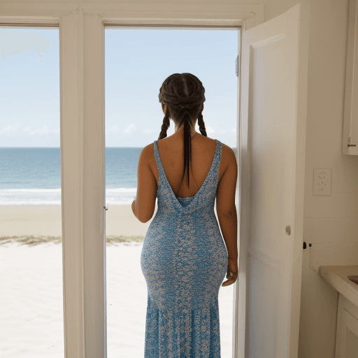 AI generated: The photo is taken in a beach house. The girl is standing near the door (we can see the beach at a d...