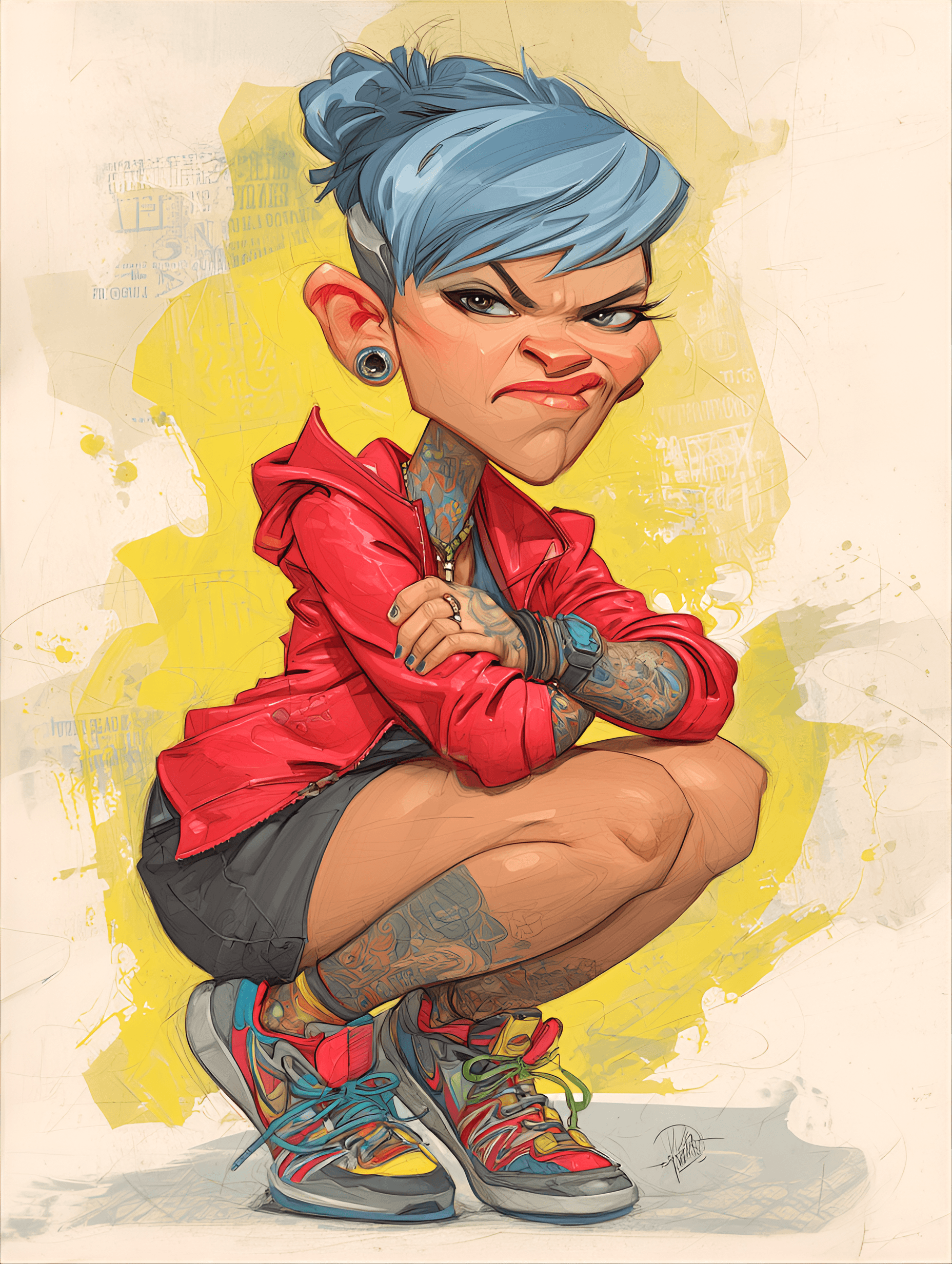 AI generated: funny caricature, hipster rebel caricature, young caucasian female, 24 years old, blue hair, tattoos...