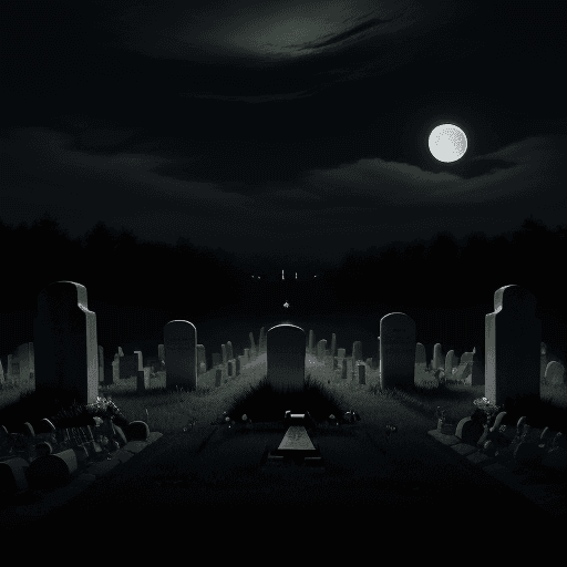 AI generated: night light, cloudy moon, tombstones on a meadow, a gravedigger wearing a crown and digging a grave ...