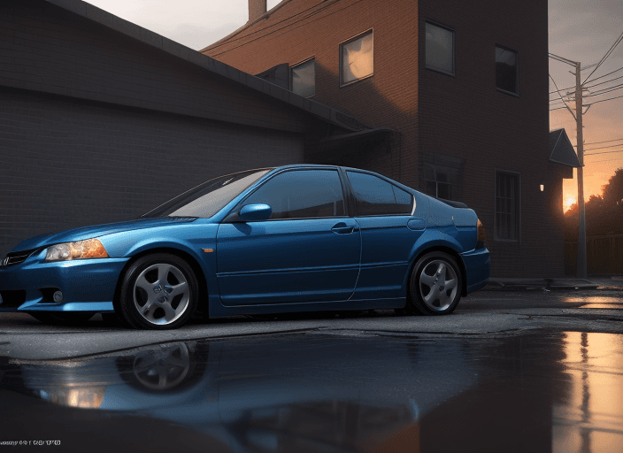 AI generated: blue 2 0 0 3 honda accord parked near a grey brick garage at sunrise, oil! puddle! under car, concep...