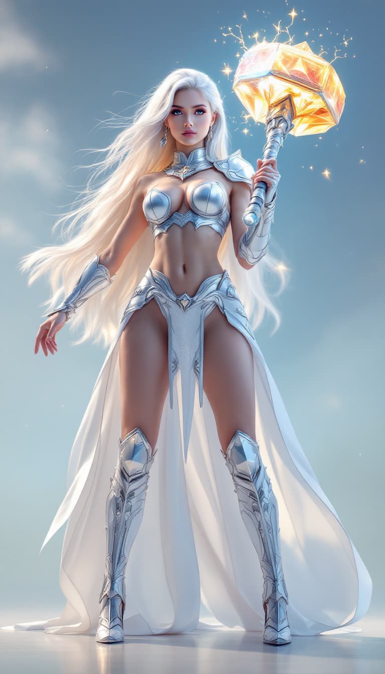 AI generated: A majestic full-body portrait of a breathtakingly beautiful girl with a large, glowing crystal hamme...