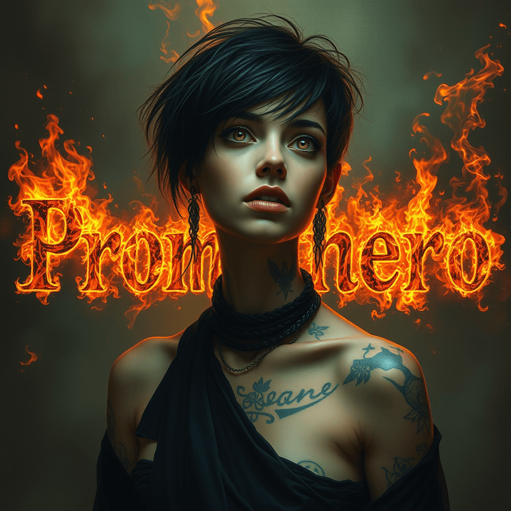 AI generated: A cinematic photograph of the word "Prompthero" ablaze with fiery flames,with a a woman with short m...