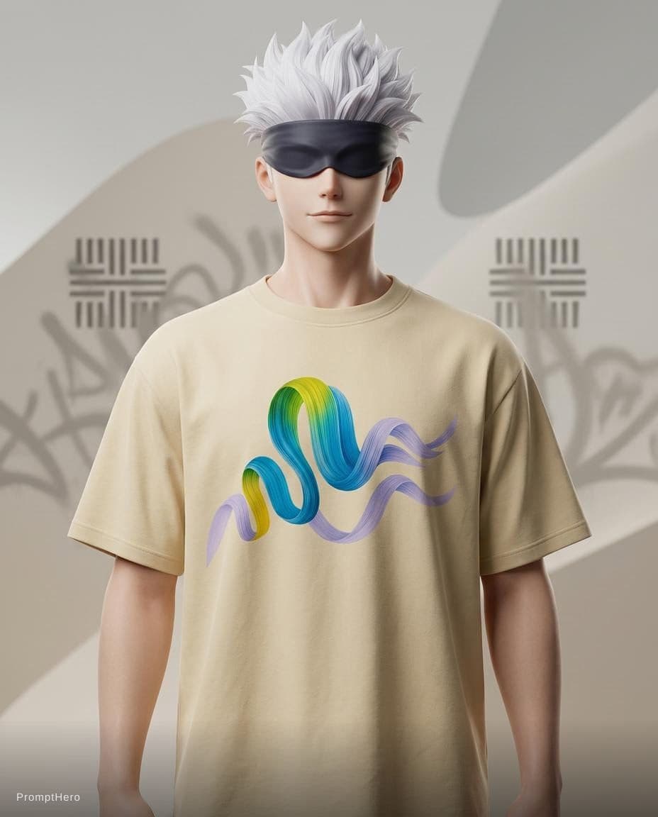 AI generated: Create a high-end cinematic fashion product poster featuring Gojo Satoru (五条悟).
👕 CRITICAL PRODUCT ...