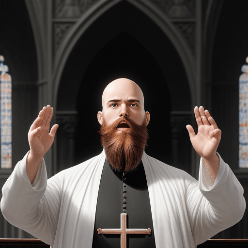 AI generated: Hyper realistic photo of a bald priest with a big beard praising to his followers at the alter, AD m...