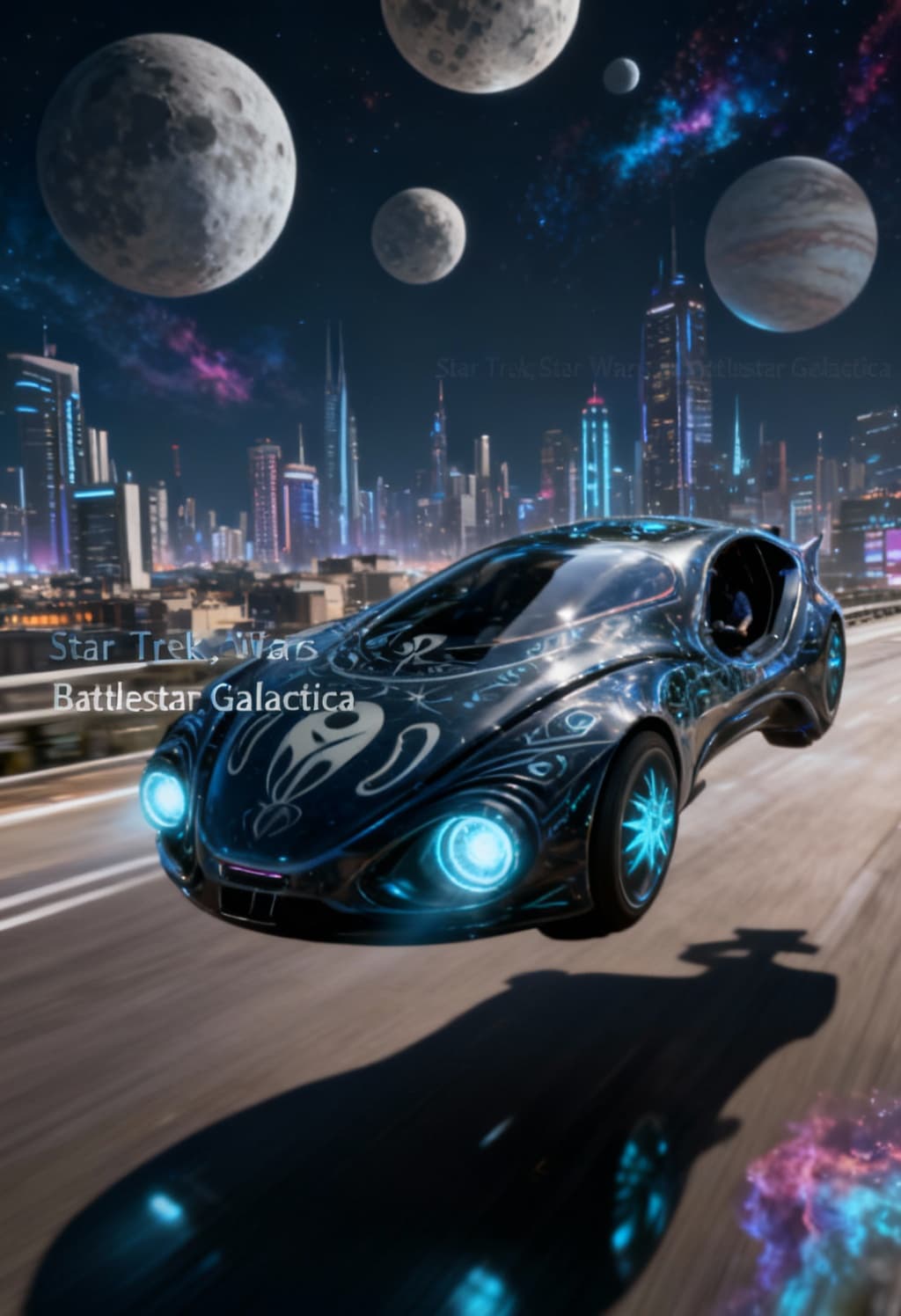 AI generated: Modify the photo to depict a sleek, futuristic alien land car being driven in a populated AI city wi...