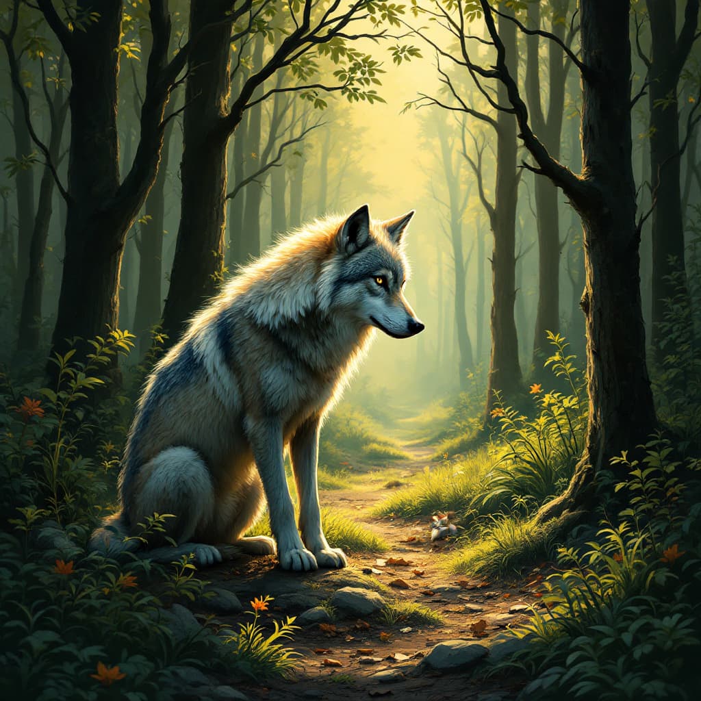 AI generated: A wolf in forest with cat
