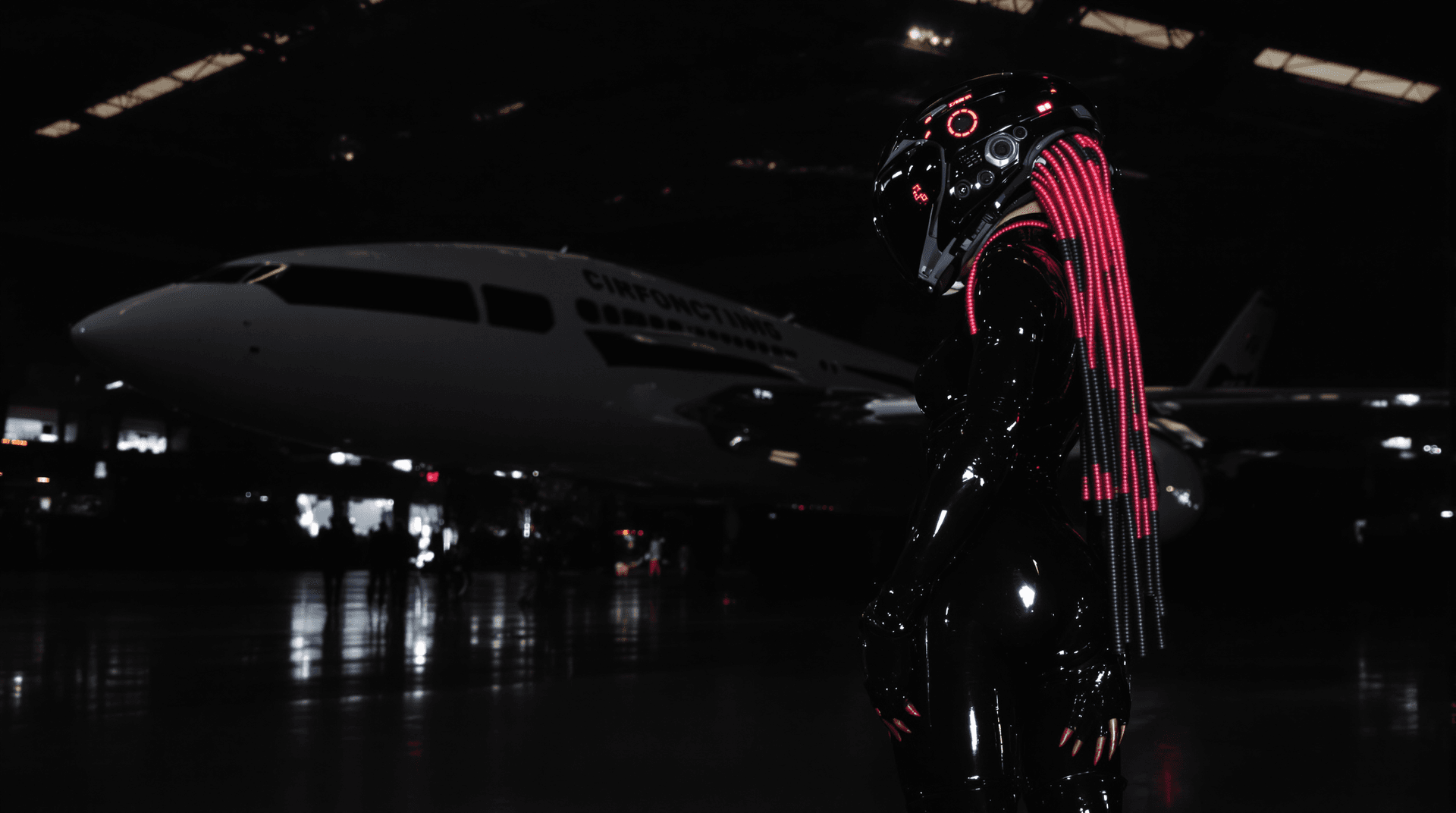AI generated: A futuristic theam: She's standing in a dark hangar looking on a futuristic airplane in the backgrou...