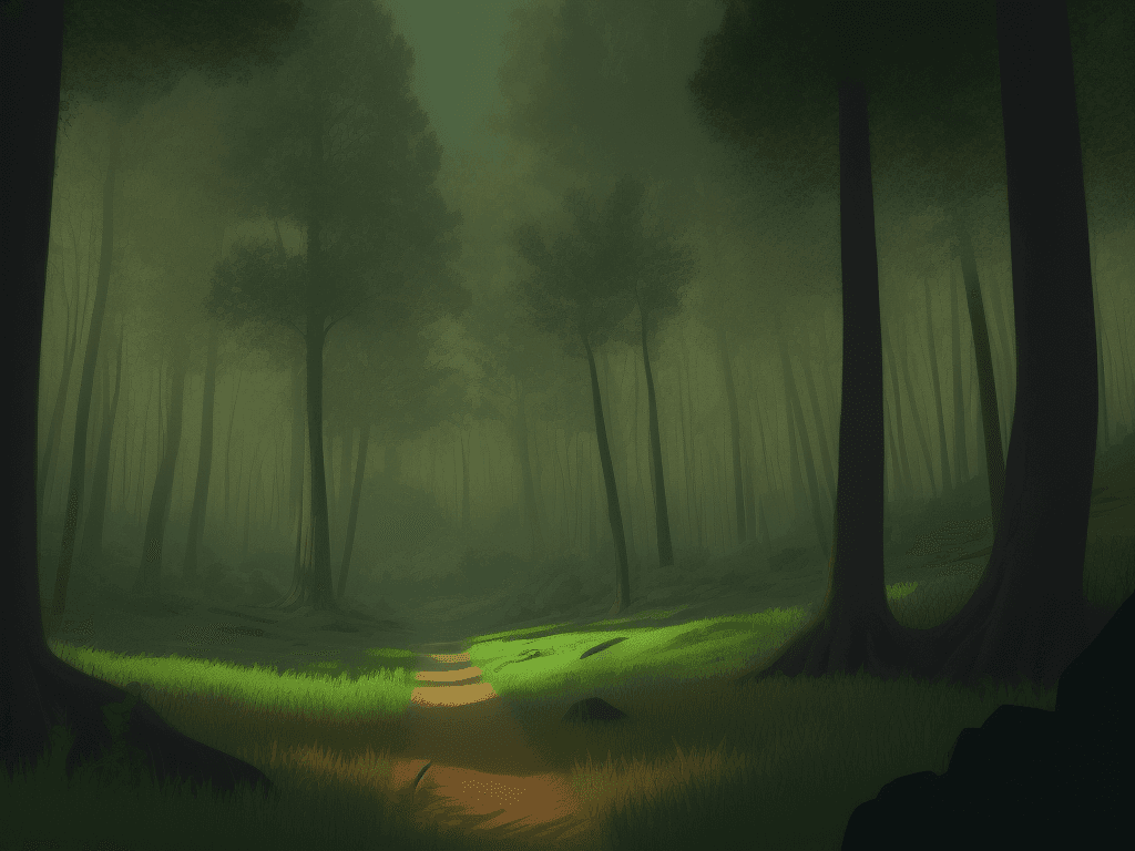 AI generated: Illustration of A view from a green forest. Two-point perspective, Inwrought background, 80s retro t...