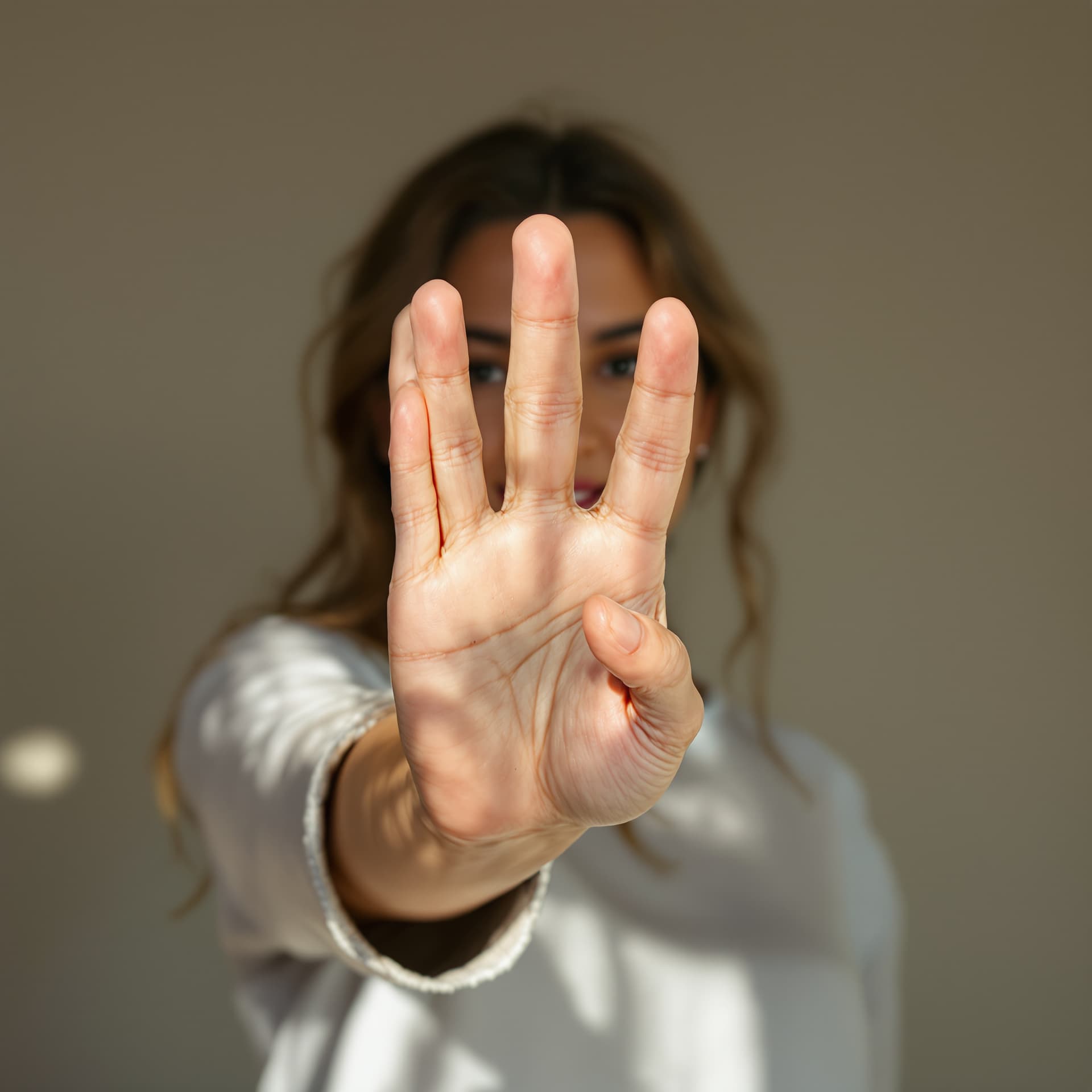 AI generated: A realistic photo of a woman standing with her hand open facing the camera, natural daylight, neutra...