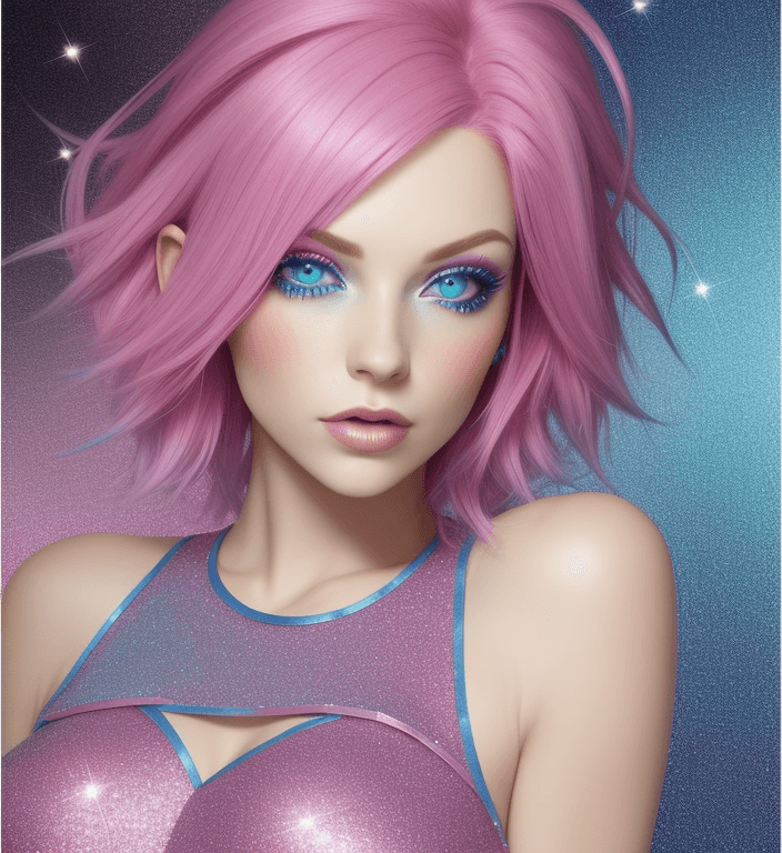 AI generated: hot pink hair, blue eyes, gorgeous woman, glitter top