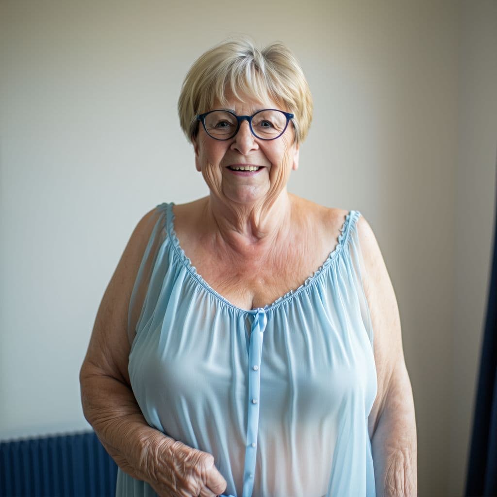 AI generated:   Mature old 6's woman, blonde short hair with bangs, glasses smile, transparent light blue nightgow...