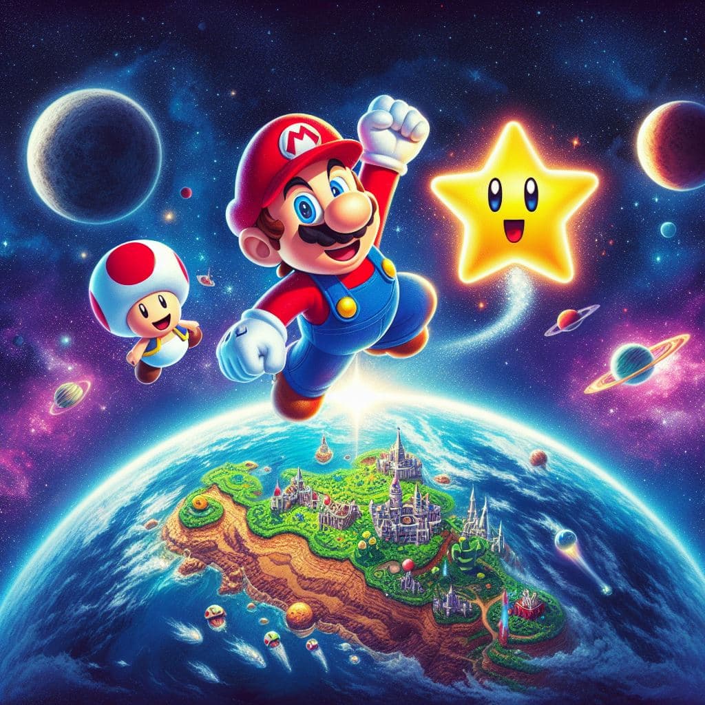 AI generated: Super Mario está sobrevolando el planeta del reino champiñón en el espacio con su acompañante la est...